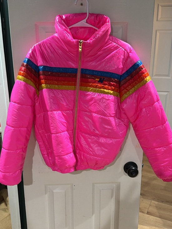 Aviator Nation Jackets & Blazers - Aviator Nation women’s Bright Pink Puffer Jacket with Rainbow Stripe